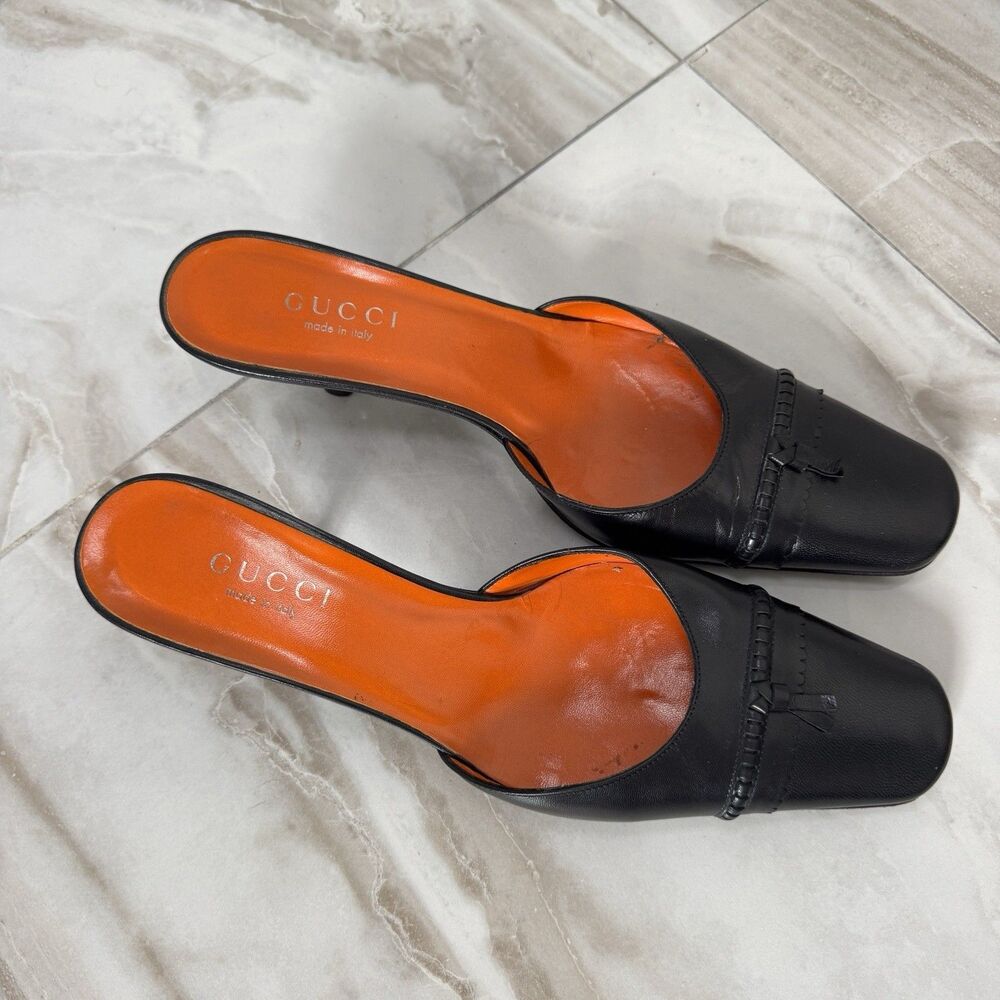 Rare Vintage Tom Ford Gucci Black Leather Square-Toe Mule Kitten Heels Sz 10B - Picture 2 of 7
